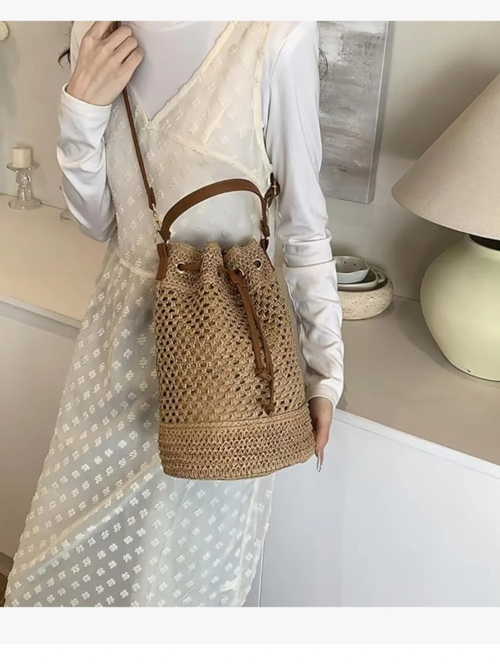 Woven Crossbody Bag, Straw Crossbody Bags for Women, Straw Bucket Bag, - Picture 3 of 6